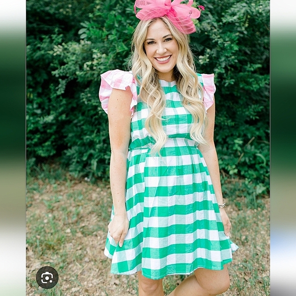 Aura Green And Pink Gingham Style Dress - Picture 2 of 8